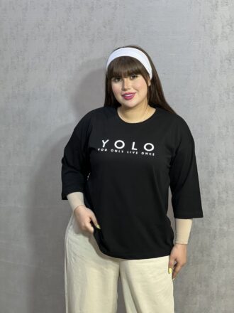 تیشرت باکسی زنانه آراتین مشکی مدل YOLO (عمده)